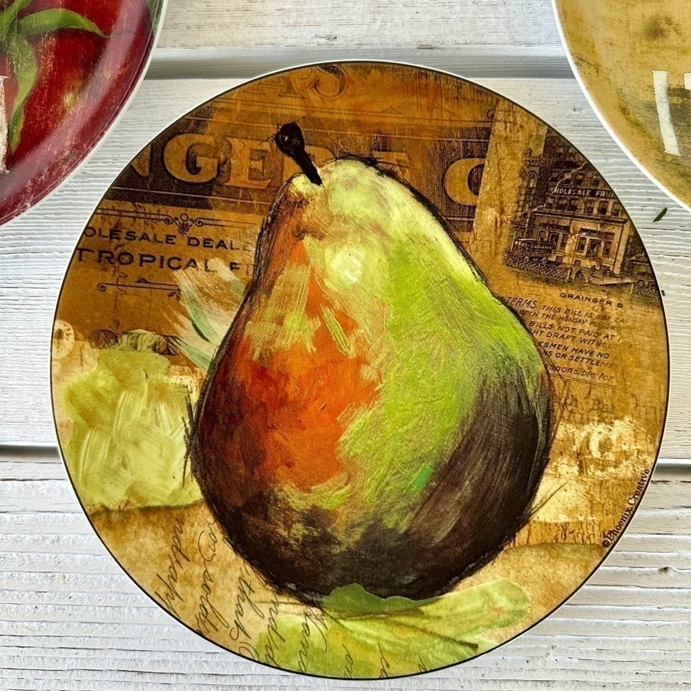3-8 1/4” DECORATIVE FRUIT, CHINA PLATES. COLORFUL FARMHOUSE PLATES.
